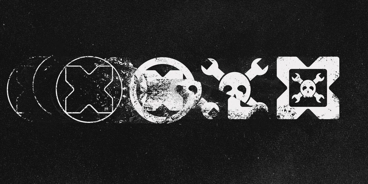 White Hackaday skull-and-wrenches logo emerging from a series of circular marks on a black textured background