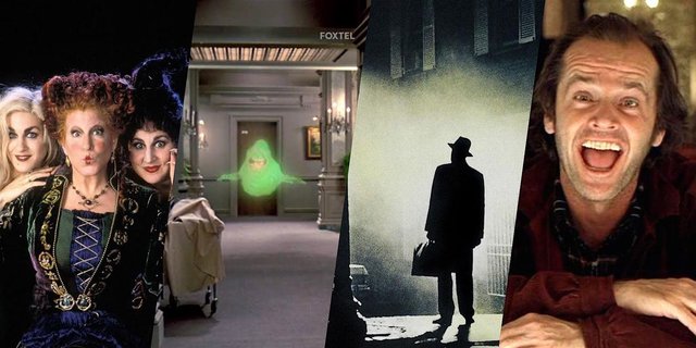 Collage of scenes from Hocus Pocus, Ghostbusters, The Exorcist and The Shining