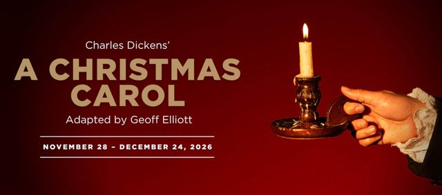 Hand holding a lit candle in a brass holder against a deep red background, with the show title and run dates