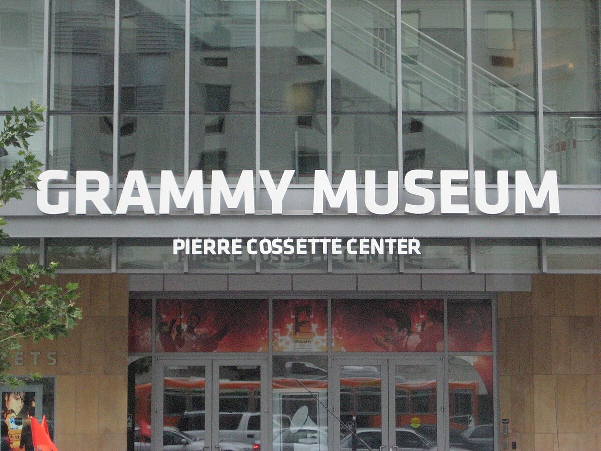 White Grammy Museum lettering above the glass entrance at L.A. Live