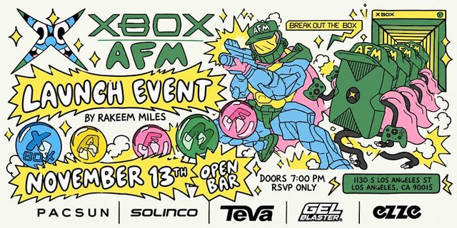 Illustrated flyer with a Halo-style armored figure, Xbox and AFM logos, and the date November 13