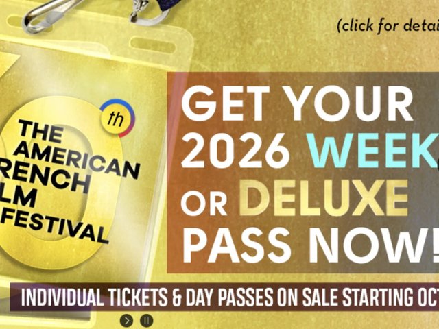 Gold festival badge reading The American French Film Festival 30th with a banner about weekend and deluxe passes