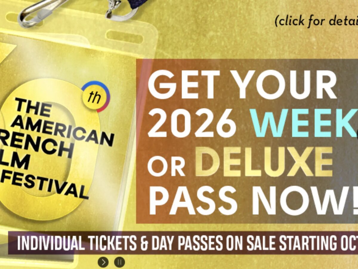 Gold festival badge reading The American French Film Festival 30th with a banner about weekend and deluxe passes