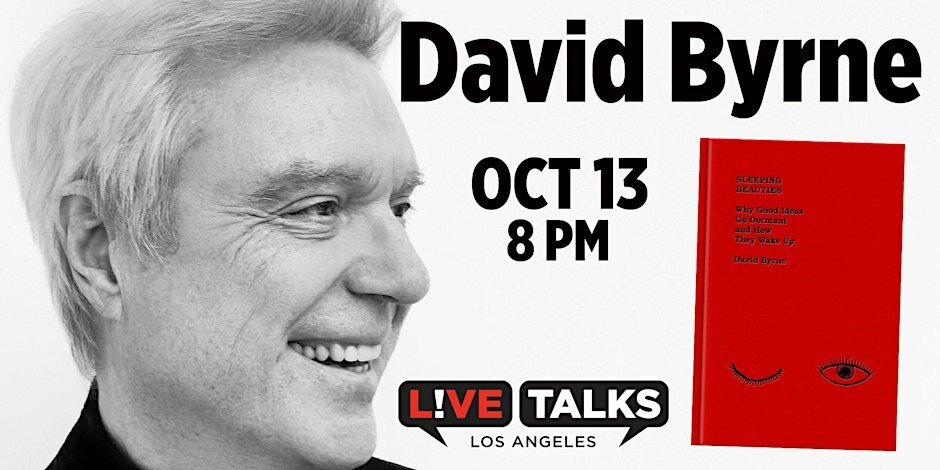 Event flyer with a black-and-white portrait of David Byrne beside the red cover of his book Sleeping Beauties