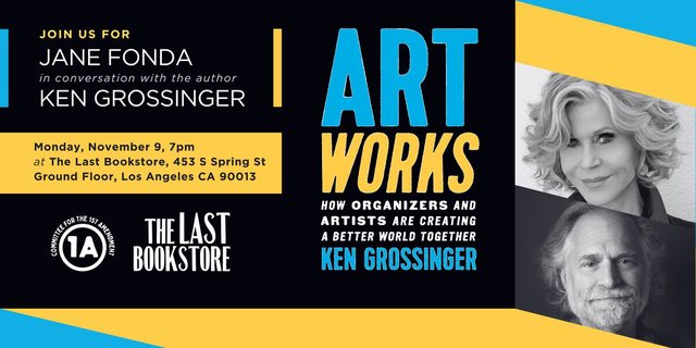 Event flyer with the Art Works book cover and black-and-white portraits of Jane Fonda and Ken Grossinger