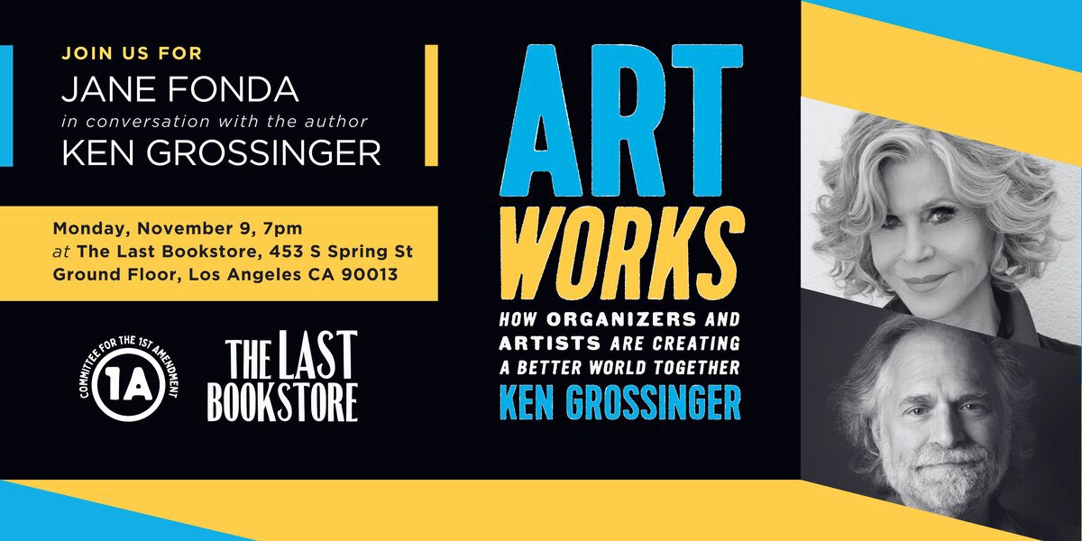 Event flyer with the Art Works book cover and black-and-white portraits of Jane Fonda and Ken Grossinger