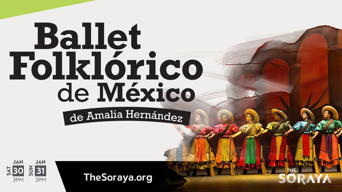 Promotional poster with a line of dancers in colorful full skirts and wide-brim hats, beside the title Ballet Folklórico de México