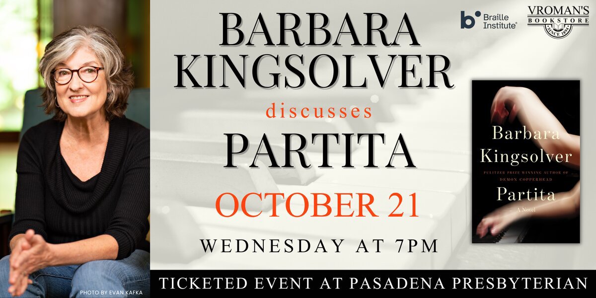 Event flyer with a portrait of author Barbara Kingsolver beside the cover of her novel Partita