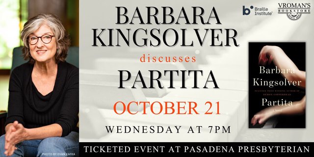 Event flyer with a portrait of author Barbara Kingsolver beside the cover of her novel Partita