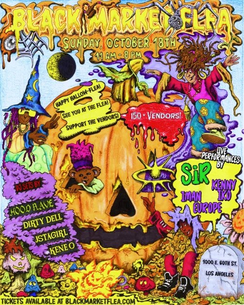 Hand-drawn Halloween flyer for Black Market Flea with a jack-o'-lantern, witch and event details
