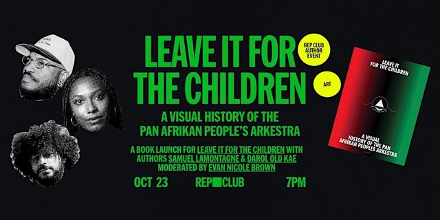 Event flyer with halftone portraits of three people, the book title in green type and a red, black and green book cover