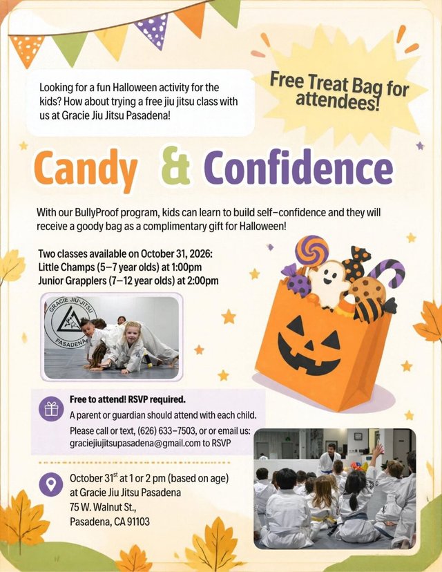 Halloween-themed flyer for Candy & Confidence showing a jack-o-lantern treat bag and kids in white jiu-jitsu uniforms on a mat