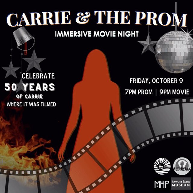 Promotional artwork for Carrie & The Prom, a retro prom and film screening in Hermosa Beach