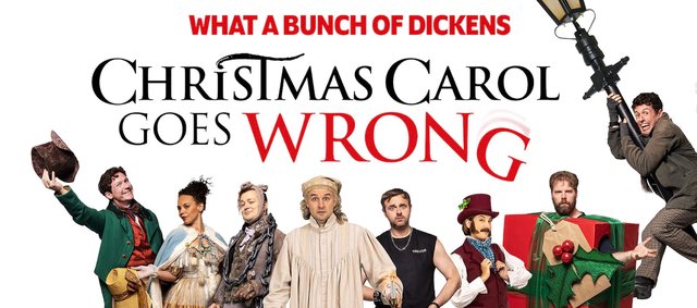 Promotional art for Christmas Carol Goes Wrong showing the costumed cast, one hanging from a lamppost
