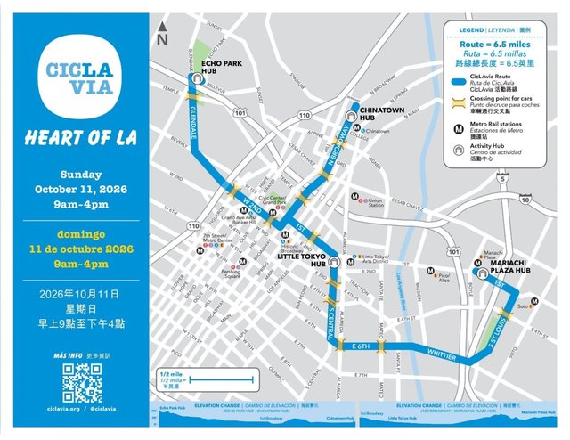 Route map for CicLAvia Heart of LA on October 11, 2026, showing the 6.5-mile route from Echo Park to Mariachi Plaza