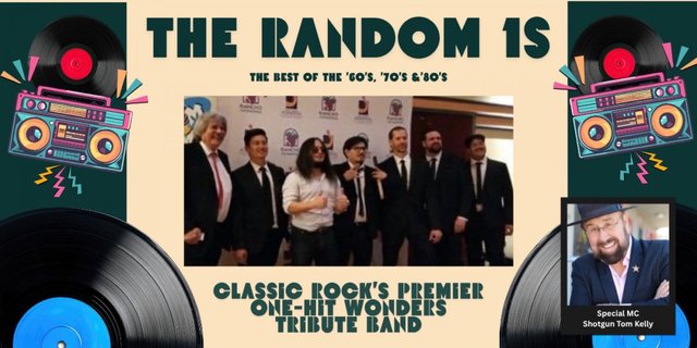 Event flyer for The Random 1s, showing the band in dark suits between record and boombox graphics