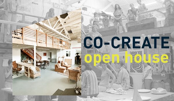 Co-Create open house flyer with an inset photo of a lofted studio interior over an archival black-and-white image of people working at long tables