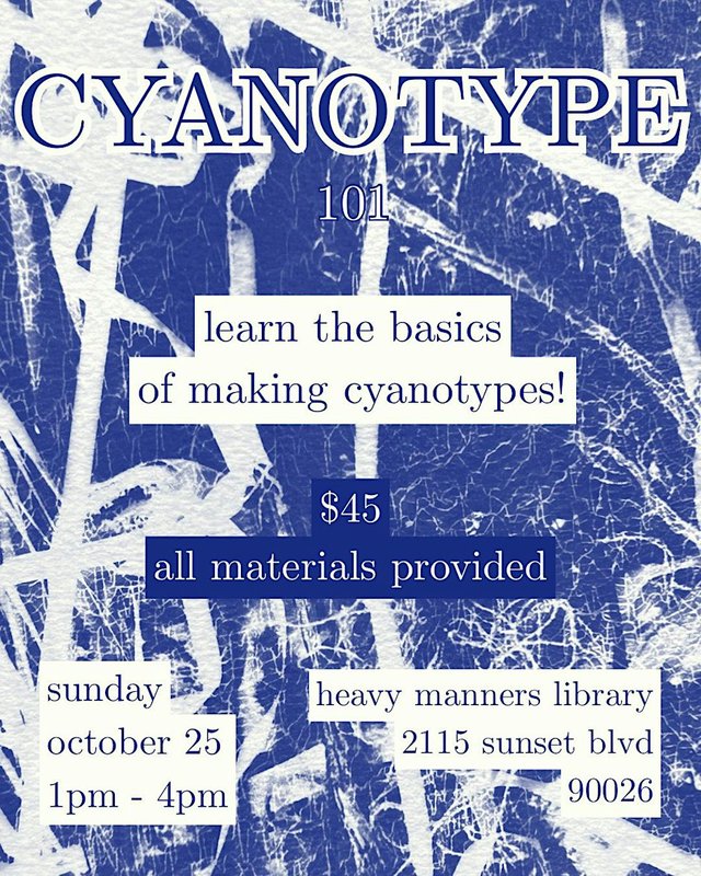 Blue and white cyanotype print texture with workshop details printed over it