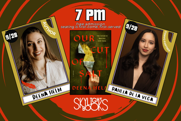 Event flyer showing author Deena Helm, the Our Cut of Salt book cover and moderator Dahlia De La Vega on a red spiral background