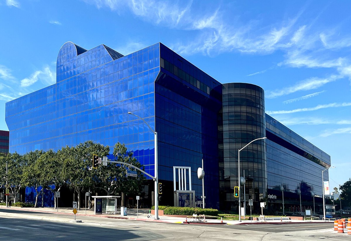 The Pacific Design Center's glass buildings in green, blue and red, anchoring the West Hollywood Design District