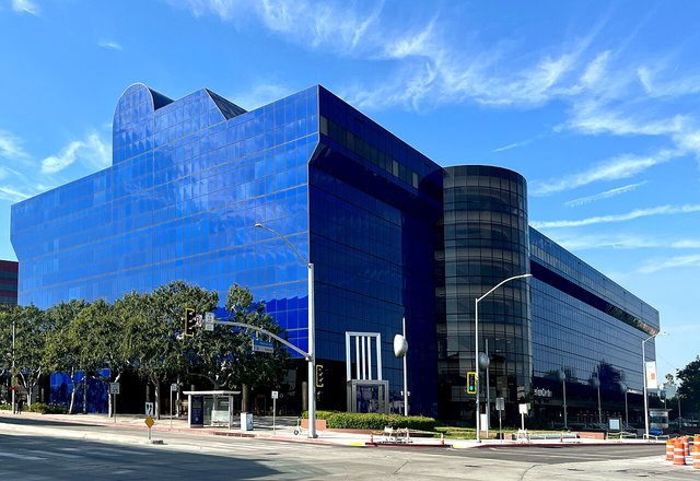 The Pacific Design Center's glass buildings in green, blue and red, anchoring the West Hollywood Design District