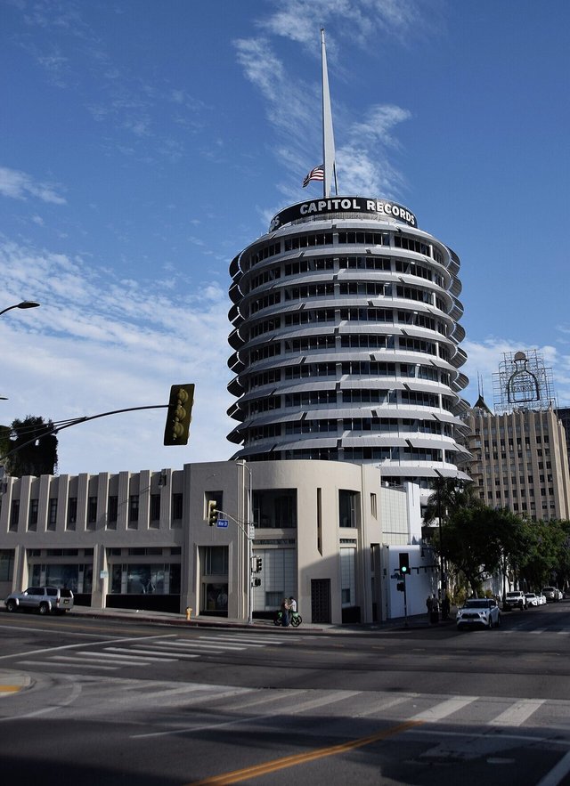 The round white Capitol Records tower rising above Vine Street in Hollywood