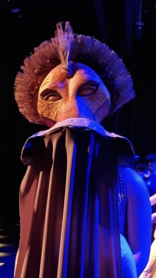 A performer in Lion King stage costume and mask during a live production of the musical