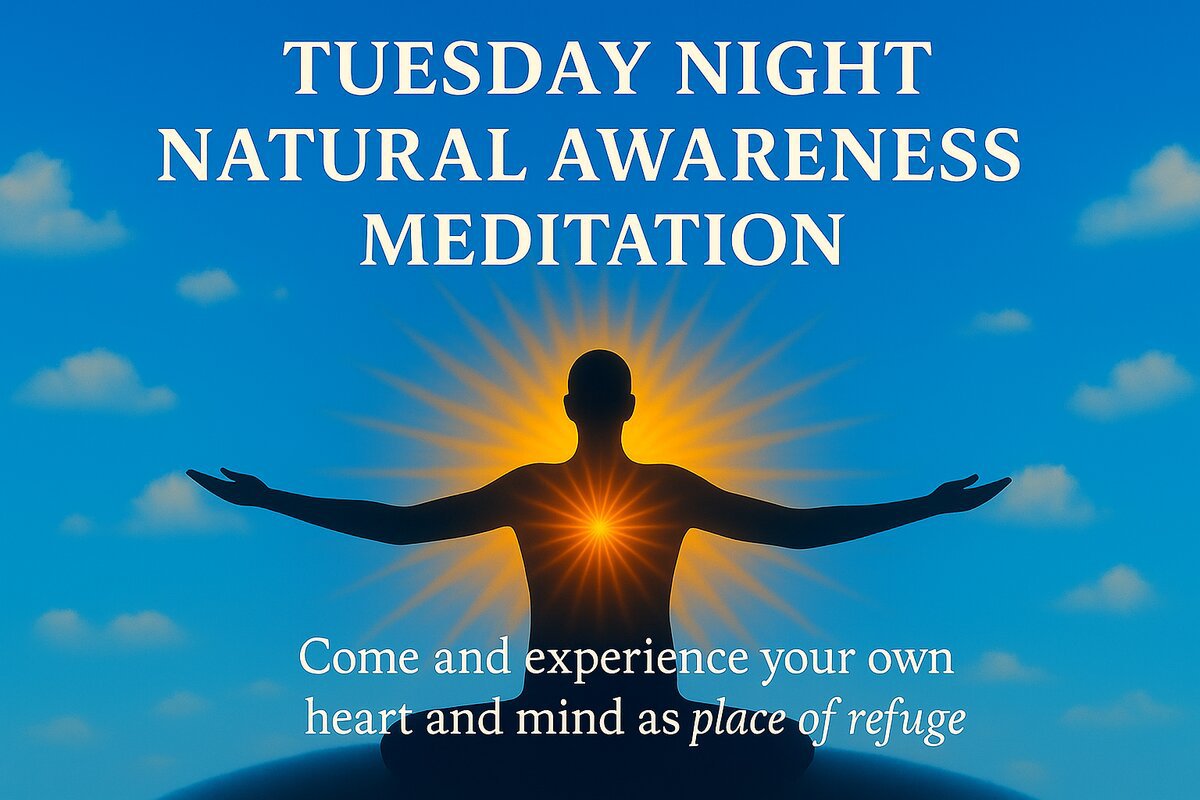 Illustrated poster of a seated silhouette with open arms before a golden sunburst and blue sky, titled Tuesday Night Natural Awareness Meditation