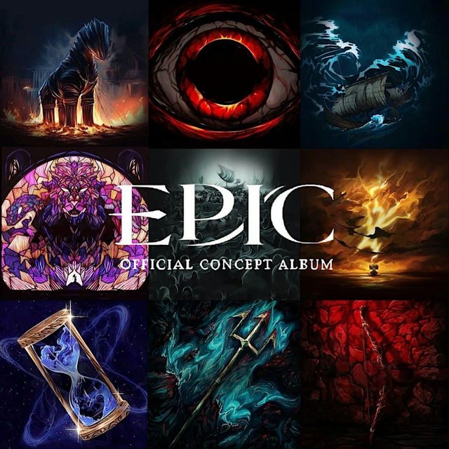 Collage of EPIC The Musical concept album artwork with the EPIC title in the center