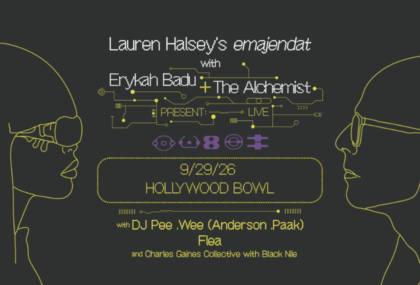 Yellow line-drawn faces in profile framing the emajendat poster for Erykah Badu and The Alchemist at the Hollywood Bowl on 9/29/26