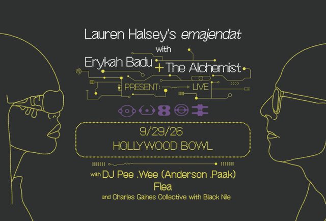 Yellow line-drawn faces in profile framing the emajendat poster for Erykah Badu and The Alchemist at the Hollywood Bowl on 9/29/26