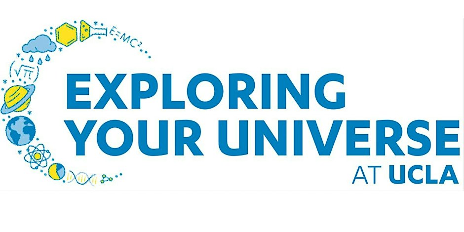 Blue Exploring Your Universe at UCLA logo ringed by hand-drawn science icons including a planet, Earth, an atom, DNA and a flask