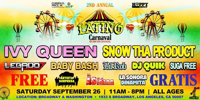 Colorful Latino Carnaval flyer with Ferris wheels, a circus tent and the names Ivy Queen, Snow Tha Product, Legado 7 and Baby Bash