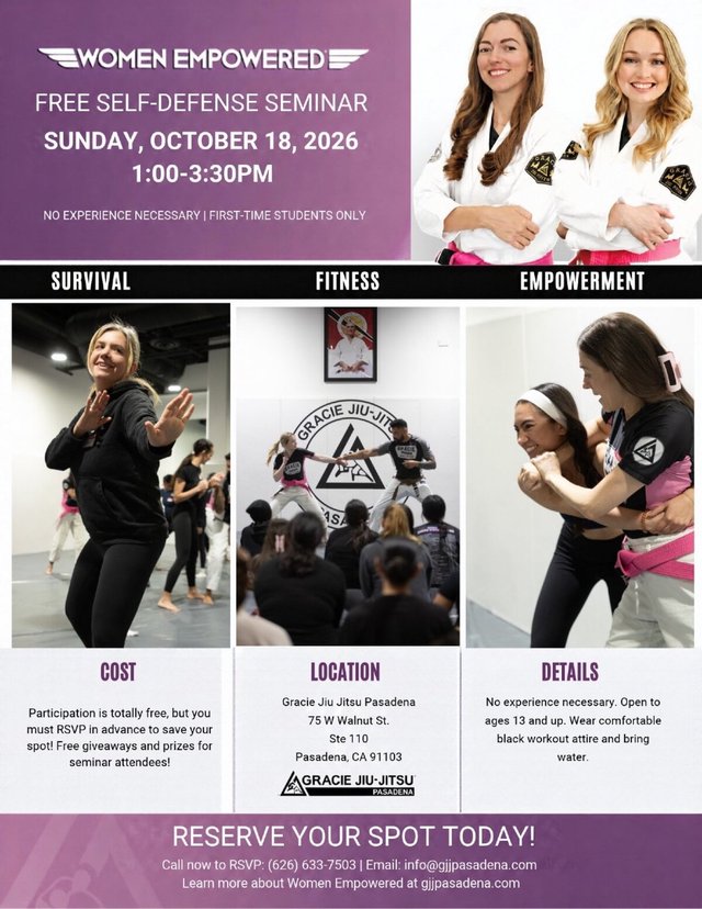 Purple flyer for the Women Empowered free self-defense seminar showing two instructors in white gis and attendees practicing techniques