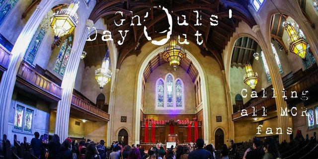 Worshippers and guests gathered in the stained-glass sanctuary of Immanuel Presbyterian Church under the Ghouls' Day Out poster text