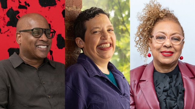 Portraits of artist Glenn Ligon, Mirsini Amidon and Dr. Kellie Jones side by side, all smiling