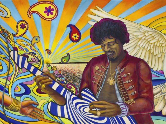 Painted mural section of a smiling guitarist in a red military-style jacket, with a striped guitar, paisley shapes and a sunburst behind him