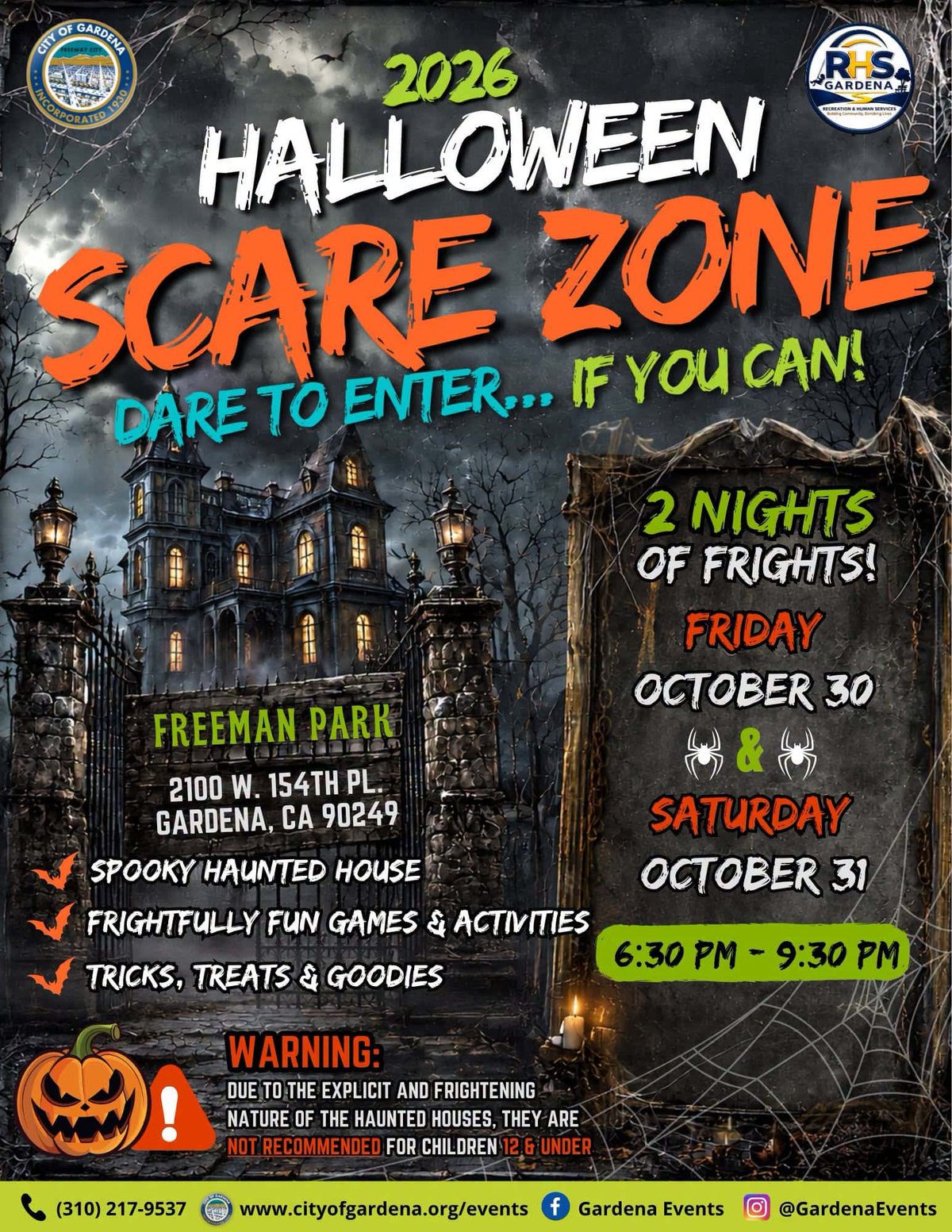 Halloween Scare Zone 2026 event flyer for Freeman Park