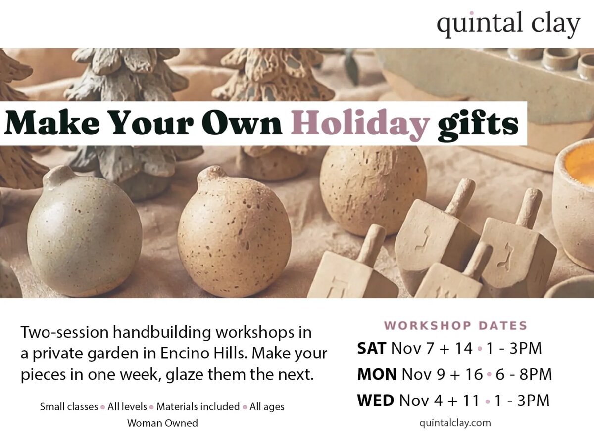 Poster showing handmade clay ornaments, dreidels and a candle holder with workshop dates listed