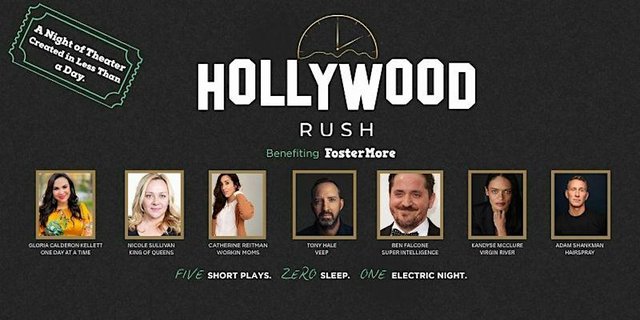 Event flyer for The Hollywood Rush at the Wilshire Ebell Theatre, showing the show's title and performers against a theatrical backdrop