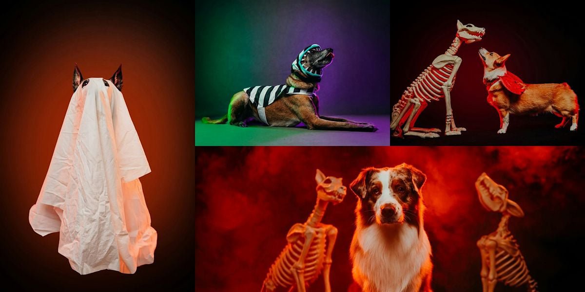 Collage of dogs in Halloween costumes, including a ghost-sheet dog, a striped-costume dog and a dog posed between skeleton props