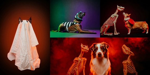 Collage of dogs in Halloween costumes, including a ghost-sheet dog, a striped-costume dog and a dog posed between skeleton props