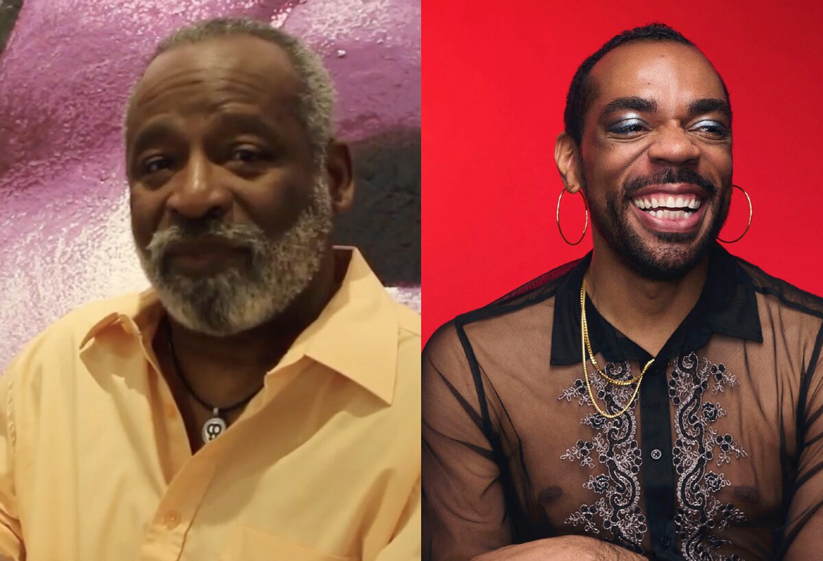 Side-by-side portraits of the two speakers, a bearded man in a peach shirt and a smiling man in hoop earrings and a sheer black shirt against a red backdrop