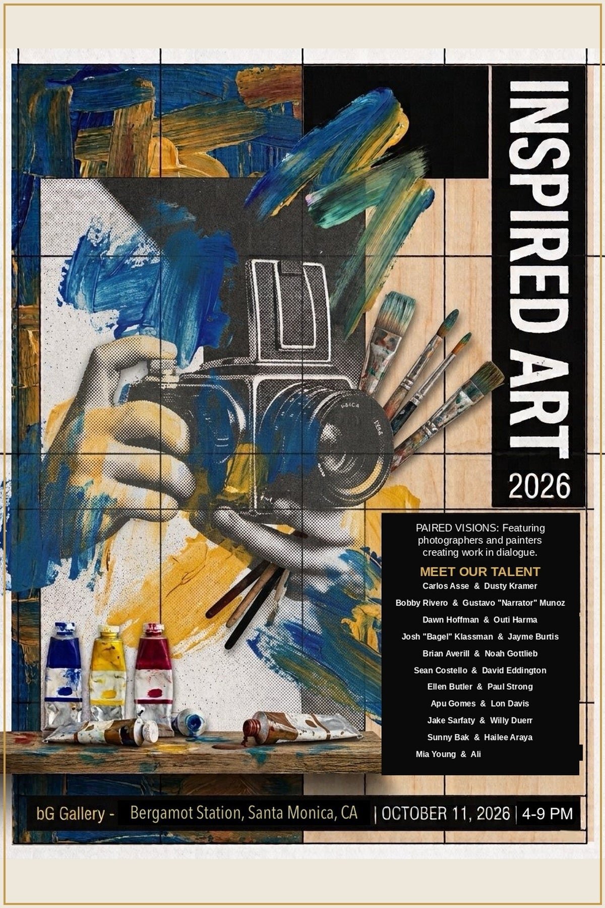 Event poster for Inspired Art 2026 showing a vintage camera, paint brushes and brushstrokes, with the artist list