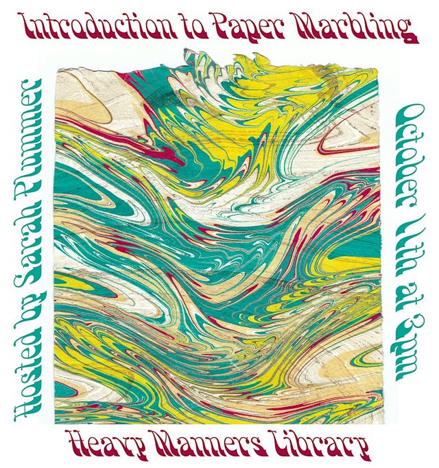 Workshop flyer showing a sheet of marbled paper swirled with teal, yellow, cream and crimson ink
