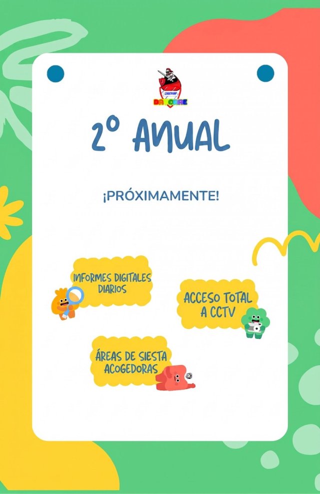 Colorful flyer in Spanish announcing the 2nd annual Leadership Legion daycare with daily digital reports, full CCTV access and cozy nap areas