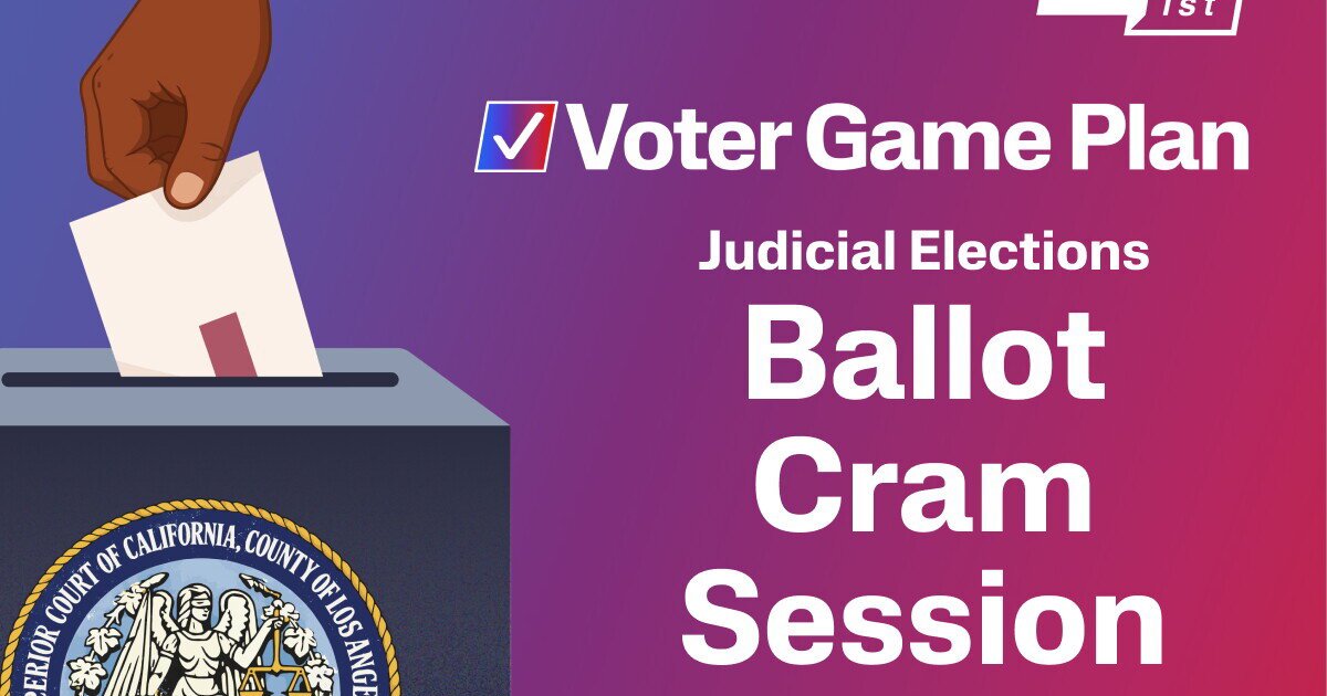 Voter Game Plan graphic of a hand dropping a ballot into a box marked with the Superior Court of California seal