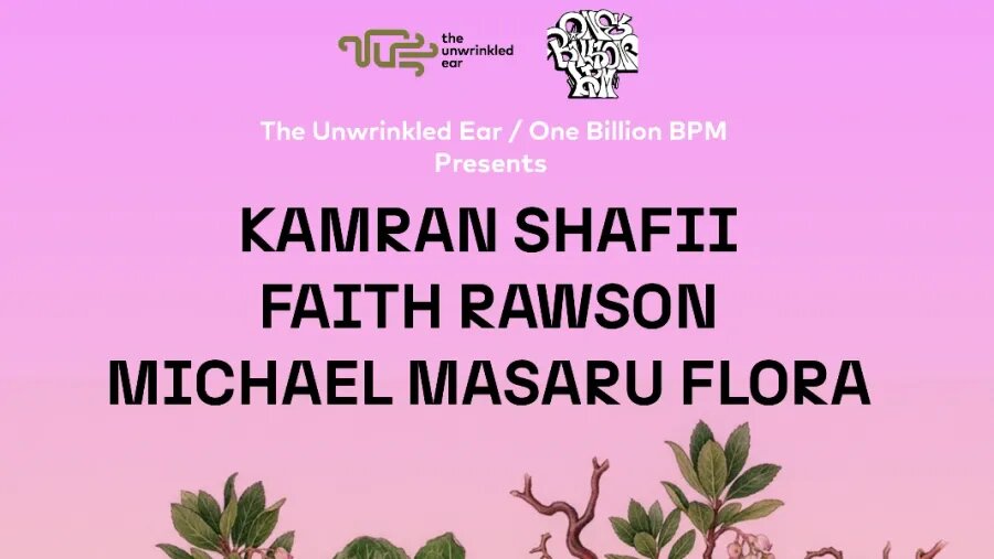 Pink gradient flyer listing Kamran Shafii, Faith Rawson and Michael Masaru Flora above botanical illustrations of leafy branches