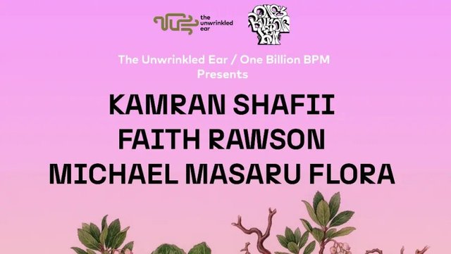 Pink gradient flyer listing Kamran Shafii, Faith Rawson and Michael Masaru Flora above botanical illustrations of leafy branches