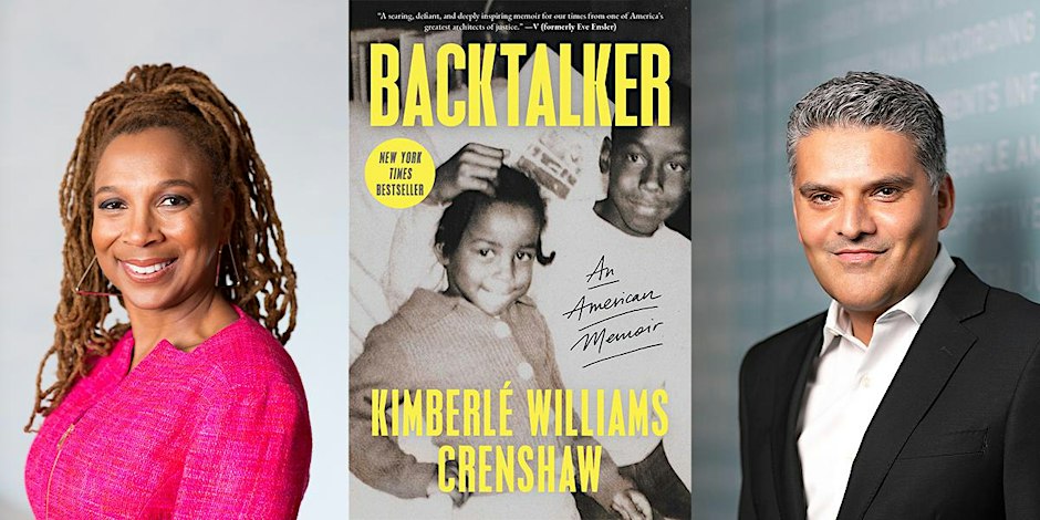 Kimberlé Crenshaw and a second speaker flanking the yellow-and-white cover of her memoir Backtalker: An American Memoir